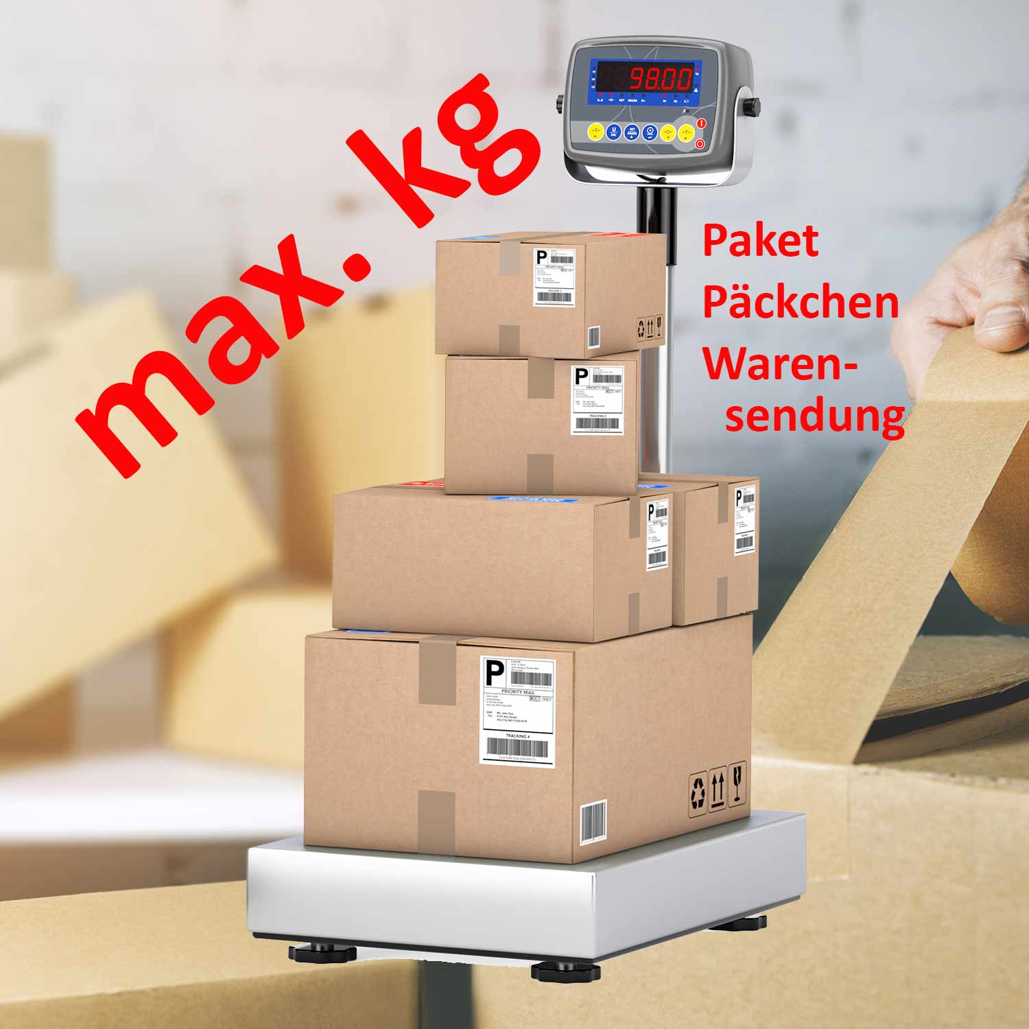 Mehrere Paket auf Waage und Schriftzug maximales Gewicht