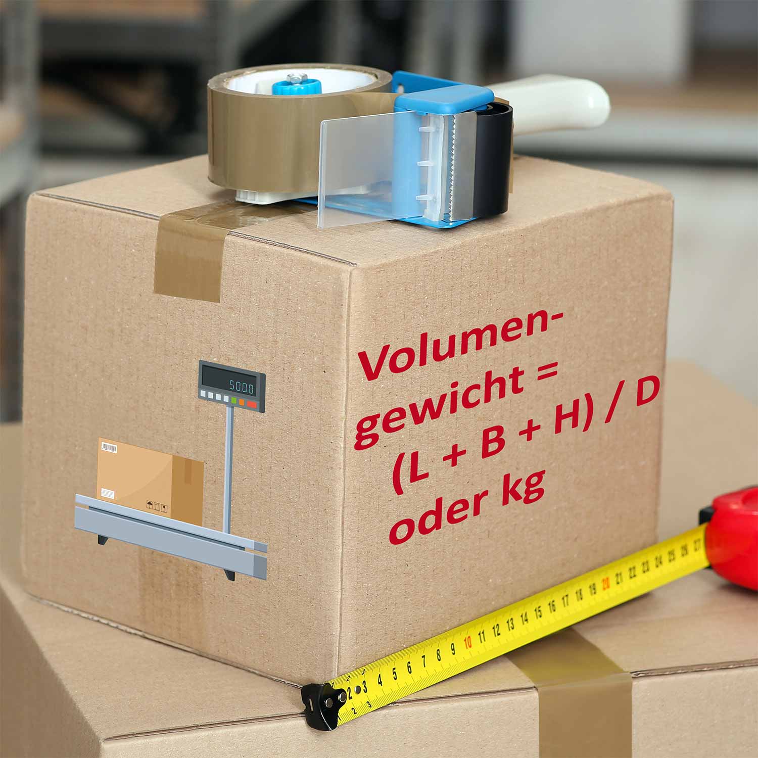 Paket mit Ma&szlig;band und Waage sowie Formel Volumengewicht