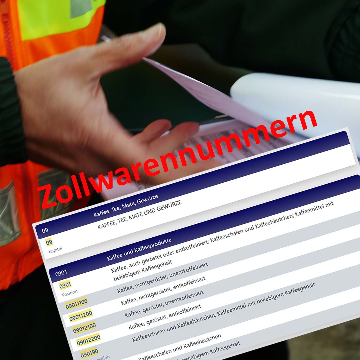Ausschnitt Zollwarennummern-Liste, im Hintergrund eine Hand beim Bl&auml;ttern von Dokumenten