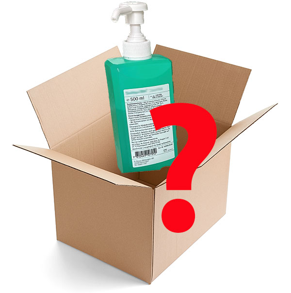 Desinfektionsmittelflasche und Paketkarton - mit gro&szlig;em rotem Fragezeichen