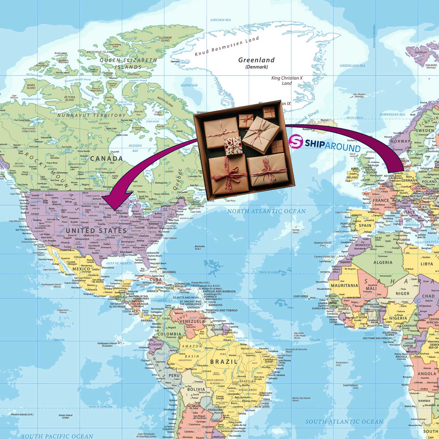 Weltkarte mit Pfeil von Deutschland in die USA, auf dem Pfeil ein Paket mit Geschenken